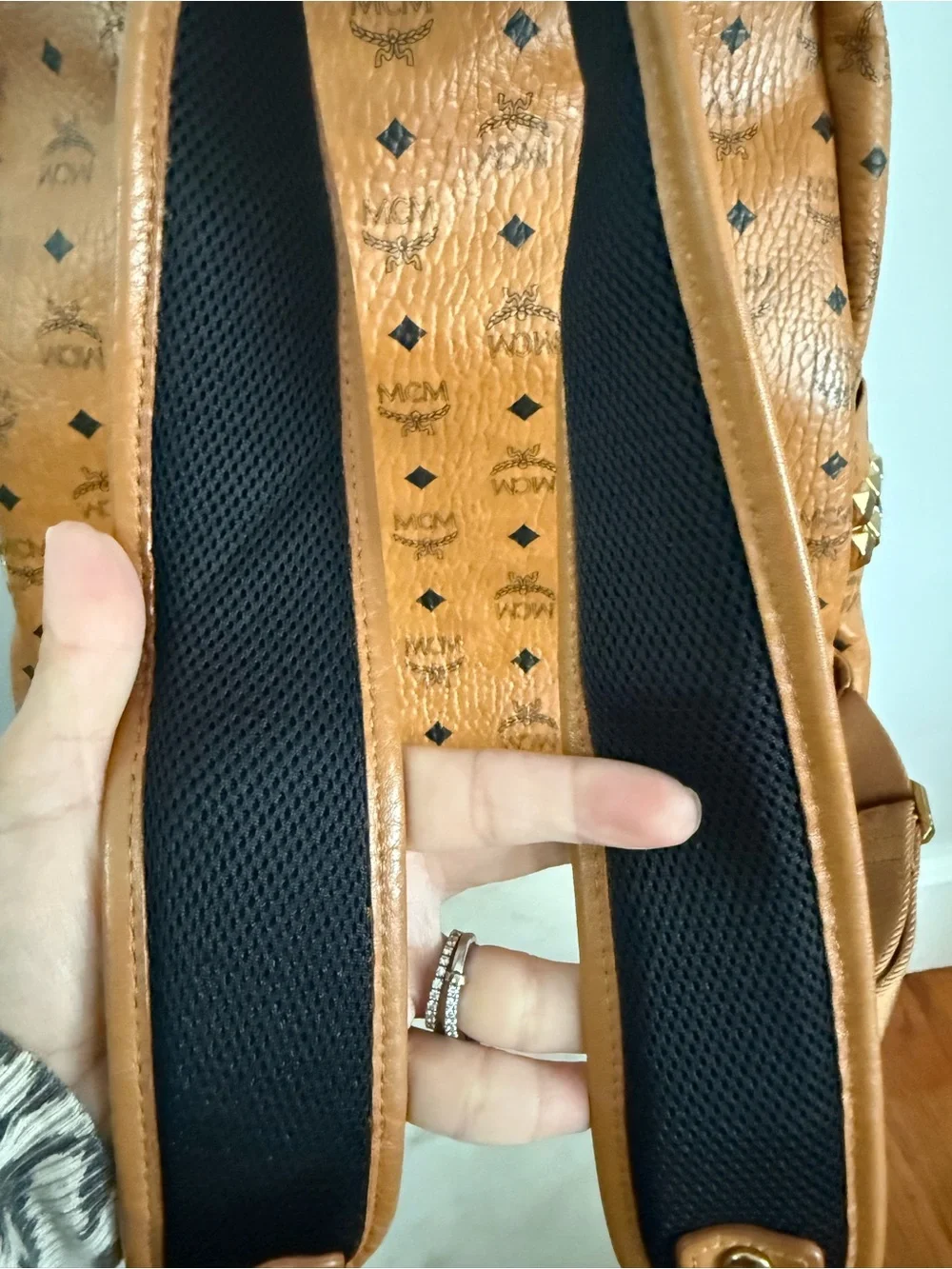 MCM Cognac Viestos Medium-Size Backpack with Monogram Side Studded Stark